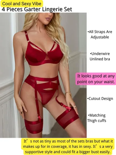 Vista 2 de Lenceria con liguero para mujer, conjunto de encaje traslúcido y sexy de 4piezas