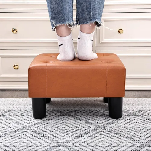 Vista 70 de Adeco 15.4" Small Footstool Ottoman for Footrest, Modern Rectangle Step Stool Extra Seating with Non-Skid Plastic Legs for Living Room, Couch, Brown