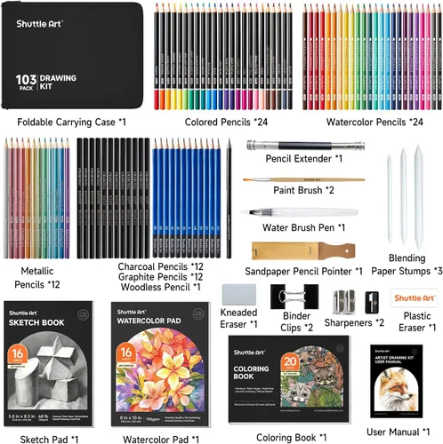 Vista 2 de Shuttle Art Kit de dibujo de 103 piezas, suministros de dibujo profesional con boceto, carbón, colores, grafito, lápices y palos pastel