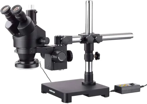 Vista 3 de AmScope - Microscopio de zoom estéreo trinocular negro 3.5X-180X en soporte de brazo único + anillo de luz LED ajustable de 144 direcciones + cámara