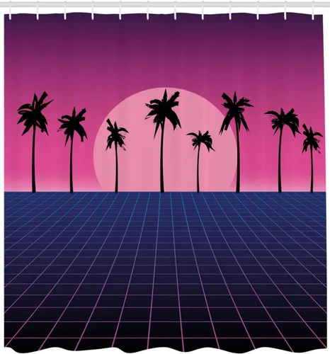 Vista 2 de Ambesonne Synthwave Shower Curtain, Retro Grid Floor with Palm Silhouettes and 80s Vapor Vibes Design, Cloth Fabric Bathroom Decor Set with Hooks