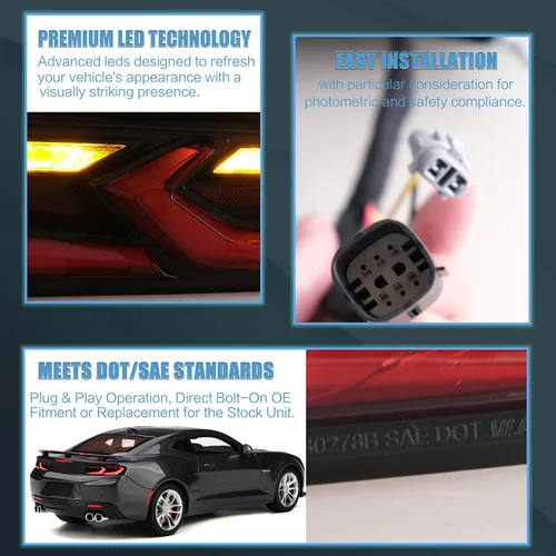 Vista 5 de Ensamble de luces traseras VLAND Compatible con Chevrolet Camaro 6ª generación 2016-2018 (LS, LT, RS, SS, ZL1), señal de giro amarilla, rojo