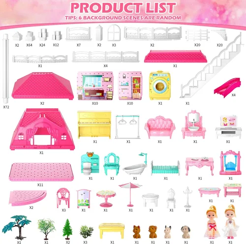 Vista 7 de Casa de Muñecas Doloowee para Niñas, Casa de Muñecas de 4 Pisos y 10 Habitaciones con 2 Princesas, Tobogán y Accesorios, Juego de Juguete para Casa