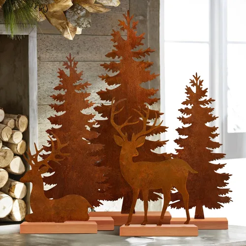 KPX Juego de 5 decoraciones de mesa de árbol de Navidad y ciervo de metal, centros de mesa de árbol de pino perenne vintage de acero oxidado -