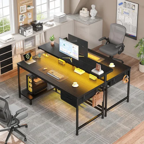Vista 2 de DurayLoly Escritorio para juegos de 39.3 pulgadas con toma de corriente y luces LED, escritorio de computadora con soporte de monitor ajustable