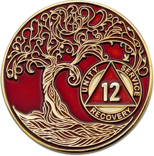 Vista 23 de 1 año Sobriety Mint Twisted Tree of Life Medallón de recuperación AA chapado en oro, chip/ficha - negro
