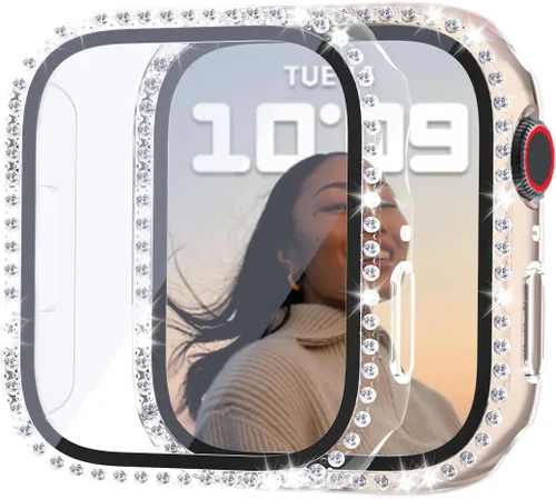 Vista 8 de Cuteey Paquete de 2 fundas brillantes con protector de pantalla de vidrio templado para Apple Watch SE 3 SE 2 Series 6/5/4 SE de 1.575 pulgadas