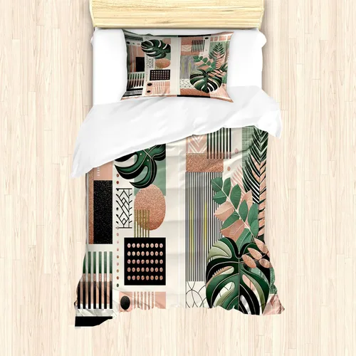 Vista 24 de Ambesonne Monstera - Juego de funda de edredón, estilo escandinavo bohemio, estampado triangular poligonal geométrico, juego de ropa de cama