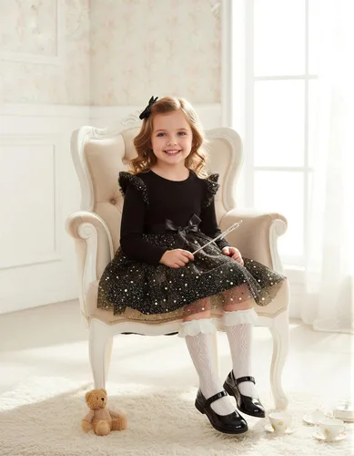 Vista 2 de Vestido de tul de manga larga para niña pequeña de 1 a 5 años Negro