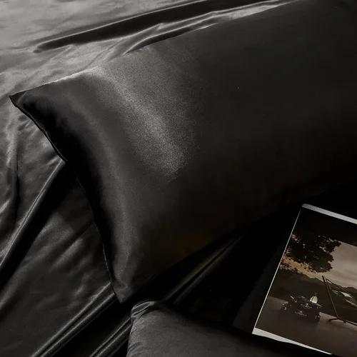 Vista 4 de Juego de 2 fundas de almohada de satén negro estándar con cierre de sobre, funda de almohada de seda negra para cabello y piel (20 x 26 pulgadas)