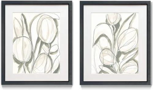 Renditions Gallery Juego de 2 obras de arte enmarcadas con diseño abstracto tropical, hojas florales, arte contemporáneo, abstracto moderno, marco