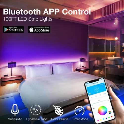 Vista 3 de DAYBETTER Tira de luces LED de 100 pies, iluminación inteligente con control remoto de aplicación, luces LED RGB para dormitorio, sincronización