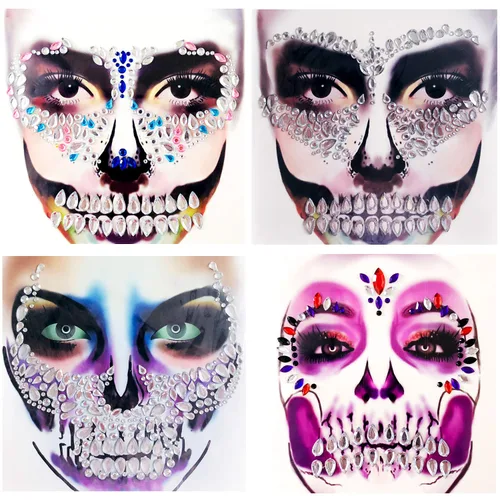Day Of The Died Skull Face Gems Jewels, paquete de 4 tatuajes temporales de diamantes de imitación, calcomanías faciales joyas para Halloween |