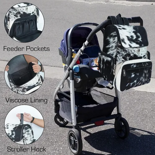 LP-FACON Mochila de cuero de vaca occidental | Mochila para niño | Regalos de ducha para nueva mamá | Bolsa de papá en blanco y negro