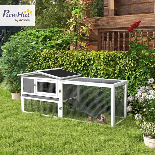 Vista 2 de PawHut Rabbit Hutch - Jaula de conejo de 2 pisos, jaula de conejillo de indias para interiores y exteriores, casa de animales pequeños con bandeja