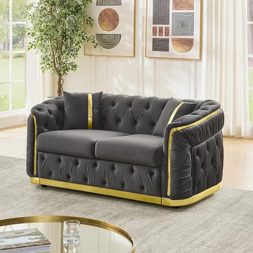 Vista 17 de Sofá Chesterfield de 62.6 pulgadas, moderno de mediados de siglo, sofá de terciopelo blanco beige y dorado, sofás de lujo para sala de estar