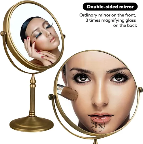 Vista 3 de Leyden Espejo de maquillaje de latón antiguo, espejo de tocador de aumento 3X, doble cara, 7.8 pulgadas, accesorios de baño