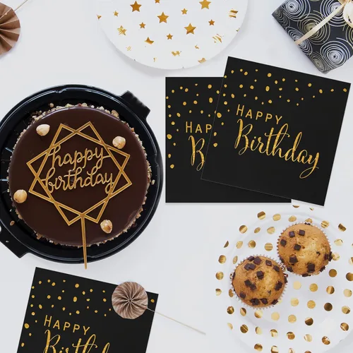 Vista 3 de DYLIVeS Servilletas de feliz cumpleaños, servilletas de papel de aluminio negro y dorado, servilletas de papel desechables para cena, picnic