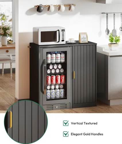 Vista 7 de Lamtor Barra de café con espacio para mini refrigerador, gabinete de barra de café con toma de corriente, mini gabinete de nevera estriado