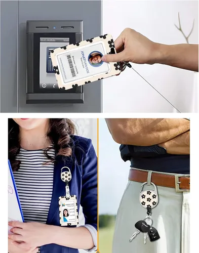 Vista 141 de Portatarjetas blanco con cordón para tarjetas de identificación, carrete retráctil negro con clip de mosquetón, tarjetero de identificación