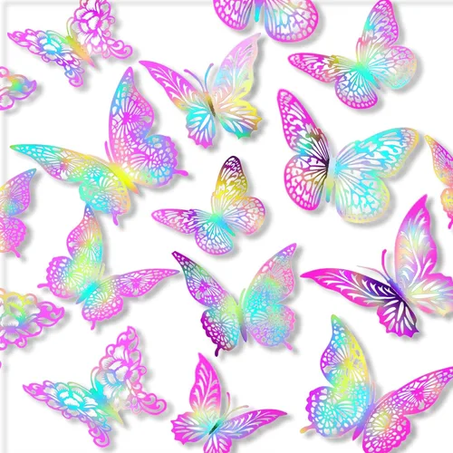 Vista 17 de Decoración de pared de mariposa dorada 3D, 3 tamaños, 4 estilos, decoraciones de fiesta de mariposas, decoraciones de pasteles, calcomanías