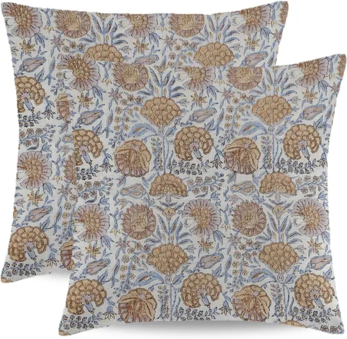 Vista 17 de Juego de 2 fundas de almohada florales bohemias de 16 x 16 pulgadas, fundas de almohada de lino con estampado de bloques azules estilo campestre
