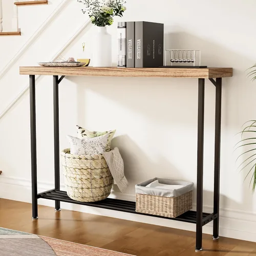 Vista 4 de Acovy Mesa consola industrial de madera maciza, mesa de entrada de 2 niveles con estantes de almacenamiento, mesa de sofá estrecha para sala