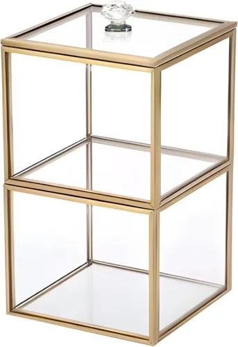 Organizador de brochas de maquillaje de vidrio con detalles dorados, soporte para bolas de algodón y Qtip para almacenamiento de baño, diseño