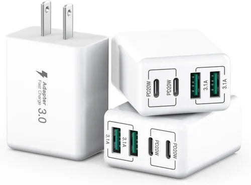 Vista 17 de [Paquete de 2] Cargador de pared USB C, bloque de cargador USB C de 4 puertos de 40W, bloque de carga rápida de puerto dual PD+QC, enchufe de pared