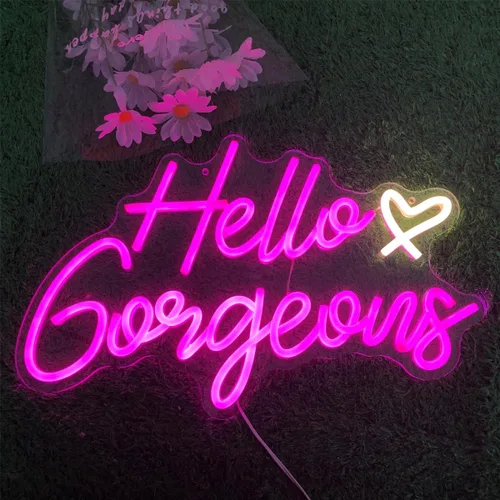 Vista 3 de Letrero de neón con texto en inglés «Hello Beautiful» (Hello Beautiful) - Letrero de neón con luces LED de neón rosadas para el hogar, boda