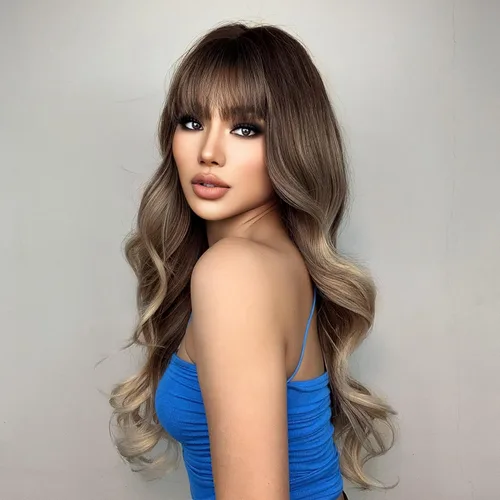 Vista 5 de Peluca marrón con flequillo para mujer, peluca larga ombré marrón oscuro, peluca sintética ondulada con raya en medio, cabello natural resistente al