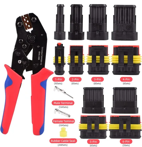 Vista 2 de 709 unids 43 kits de conectores de alambre automotrices impermeables con crimpadora de alambre de trinquete, 1/2/3/4/5/6 pines conectores eléctricos