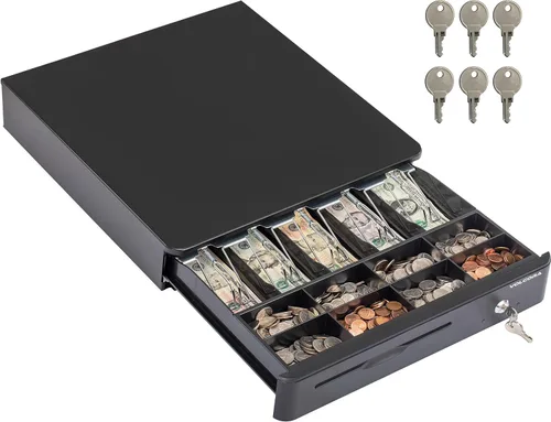 Volcora Cajón de caja registradora para punto de venta sistema POS con esquinas redondas de 16 pulgadas, bandeja extraíble para monedas, 5 billetes