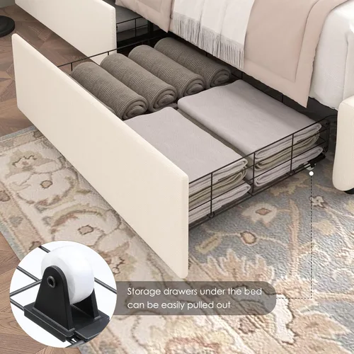 Vista 4 de Keyluv Moderna base de cama tapizada con 4 cajones, diseño de cabecera copetuda con botones, soporte de listones de madera maciza, fácil montaje