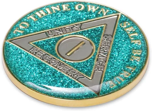 Vista 4 de Moneda de sobriedad de 1 año Ficha de aniversario de recuperación de chip AA con purpurina (aguamarina)