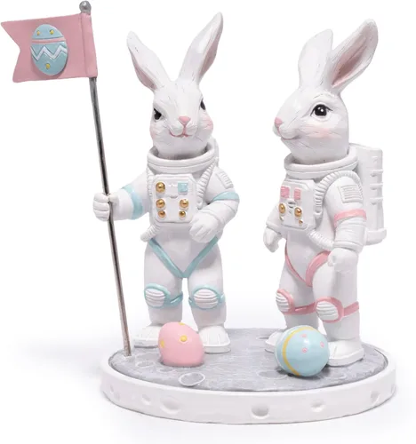 Hodao Figuras de conejo de astronauta, decoración espacial inspirada en la misión lunar de Artemis II, estatuas de resina de conejo de luna con