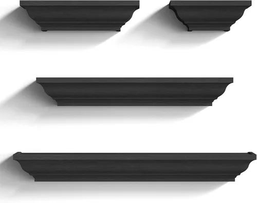 SRIWATANA Estantes flotantes negros, estantes de pared de almacenamiento de madera maciza, juego de 4 estantes de repisa de exhibición, decoración