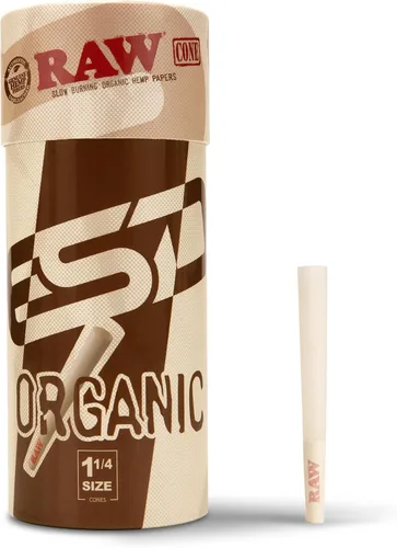 RAW Cones Organic 1-1/4 Tamaño | Paquete de 50 | Papel de liar preenrollado con puntas y tubos de embalaje incluidos