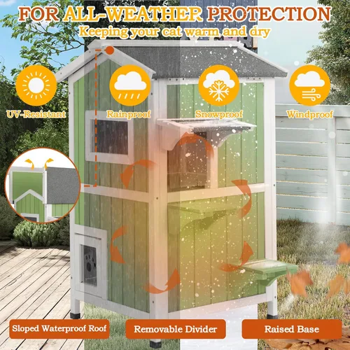 Vista 5 de PetsCosset Casa Aislada para Gatos de Exterior Resistente a la Intemperie con Aislamiento Integral de Dos Pisos de Madera Refugio para Gatos Ferales