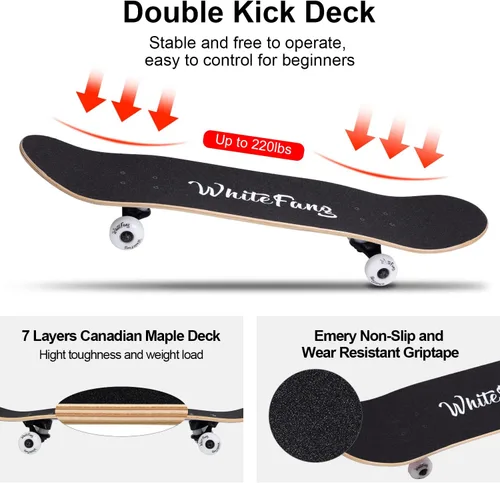 Vista 3 de WhiteFang Patinetas para principiantes, patineta completa de 31 x 7.88 pulgadas, 7 capas de arce canadiense con doble kick cóncavo estándar