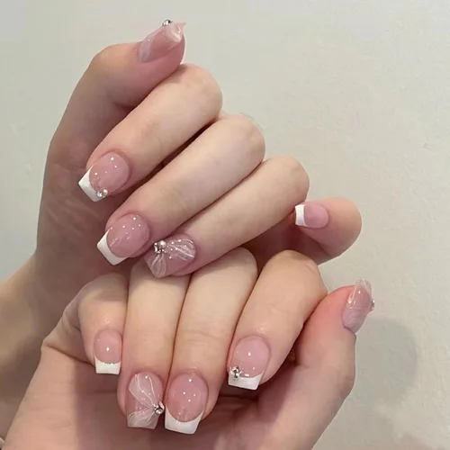 Vista 16 de 24 uñas postizas francesas a presión, uñas postizas con diamantes de imitación, línea blanca, uñas postizas cortas, borde blanco, regalos