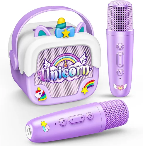Vista 9 de Mini máquina de karaoke para niños y niñas: altavoces Bluetooth portátiles de unicornio con 2 micrófonos inalámbricos, regalos de cumpleaños de Rosa