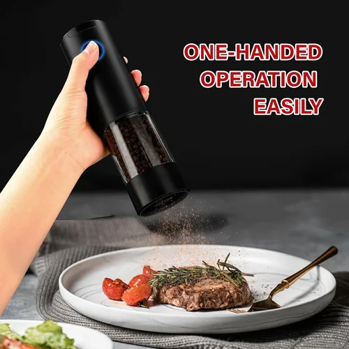 Vista 7 de Juego de molinillo eléctrico de sal y pimienta, molinos de especias a pilas con grosor ajustable, luz LED, molinillo automático de especias