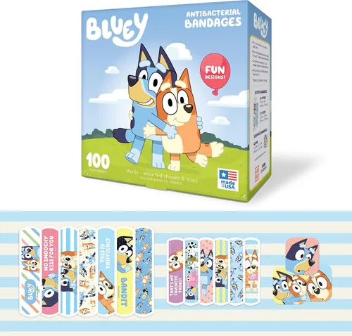 Bluey Vendas para Niños, 3 Tamaños Surtidos 100 CT | Para Llevar Como Calcomanías, Vendas Adhesivas Flexibles para Cortes Menores, Raspones y
