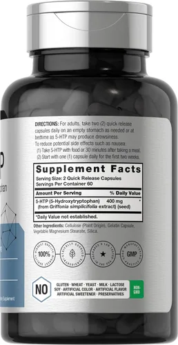 Vista 2 de Horbäach Cápsulas 5HTP de 400 mg 120 unidades Suplemento extra fuerte Sin OMG, sin gluten 5 hidroxitriptófano