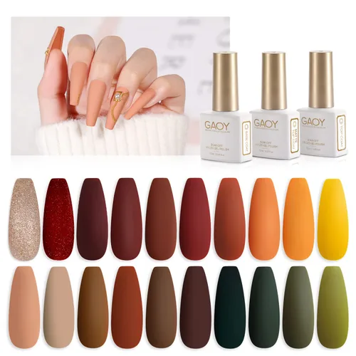 GAOY Juego de 23 esmaltes de uñas de gel, colores otoñales, marrón, rojo, verde, purpurina, kit de uñas de gel de curado con luz UV, capa superior