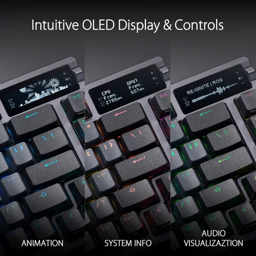 Vista 2 de ASUS ROG Azoth 75 Teclado inalámbrico para juegos personalizado, pantalla OLED, montaje en junta, amortiguación de tres capas, interruptores azules