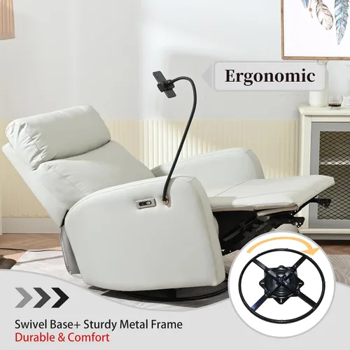 Vista 6 de Mecedora reclinable giratoria, mecedora de 270° con puertos USB para sala de estar, guardería, oficina, dormitorio, respaldo ergonómico, mecedoras