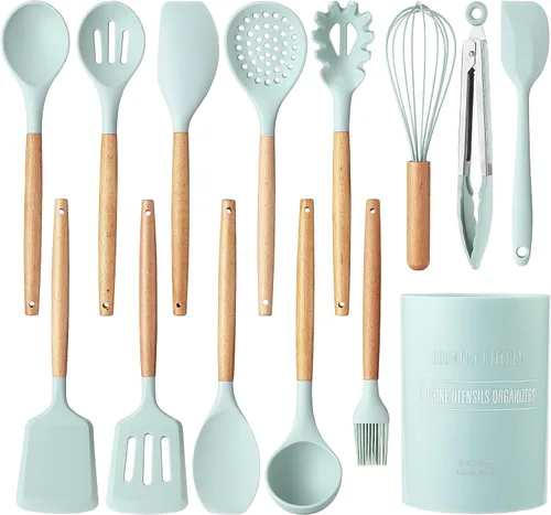 Vista 20 de Country Kitchen Juego de utensilios de silicona antiadherente con asas redondeadas de madera para cocinar y hornear, juego de 8 piezas, caqui