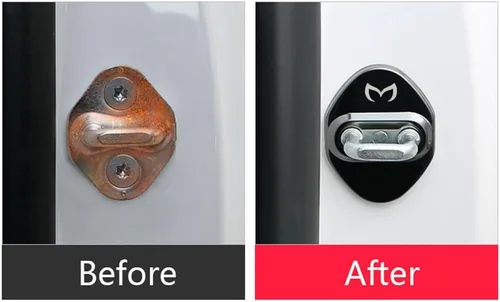 Vista 4 de MAXDOOL Pestillos de bloqueo de puerta de automóvil de acero inoxidable para Mazda 3, 6, Miata MX-5 CX-3, CX-5, CX-9, respaldo adhesivo 3M